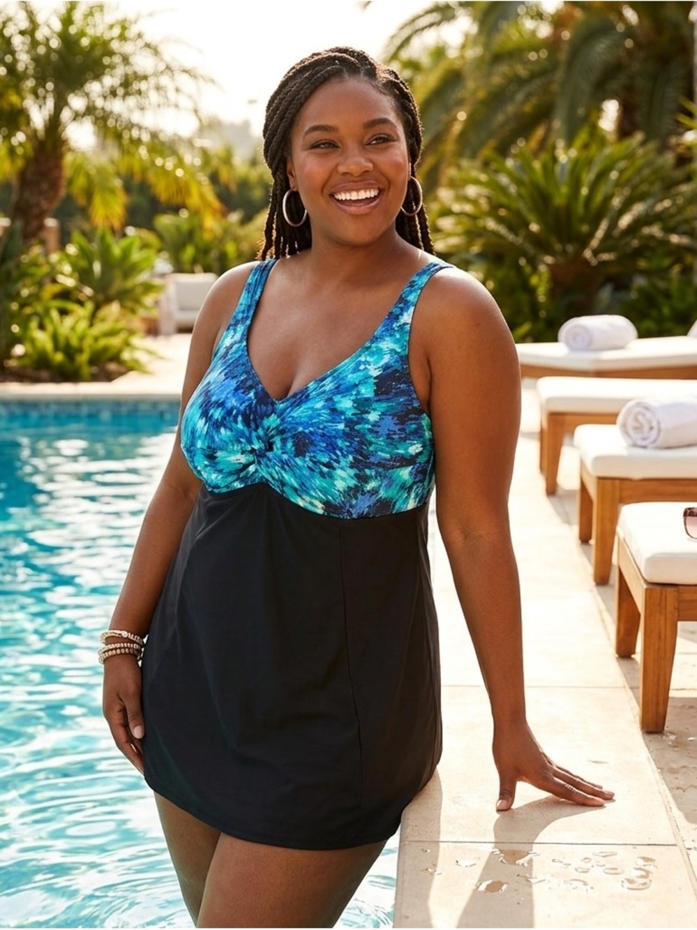 Swimsuits For All One Piece Swimsuit Dress Overlay Lined Black Turquoise Size 28